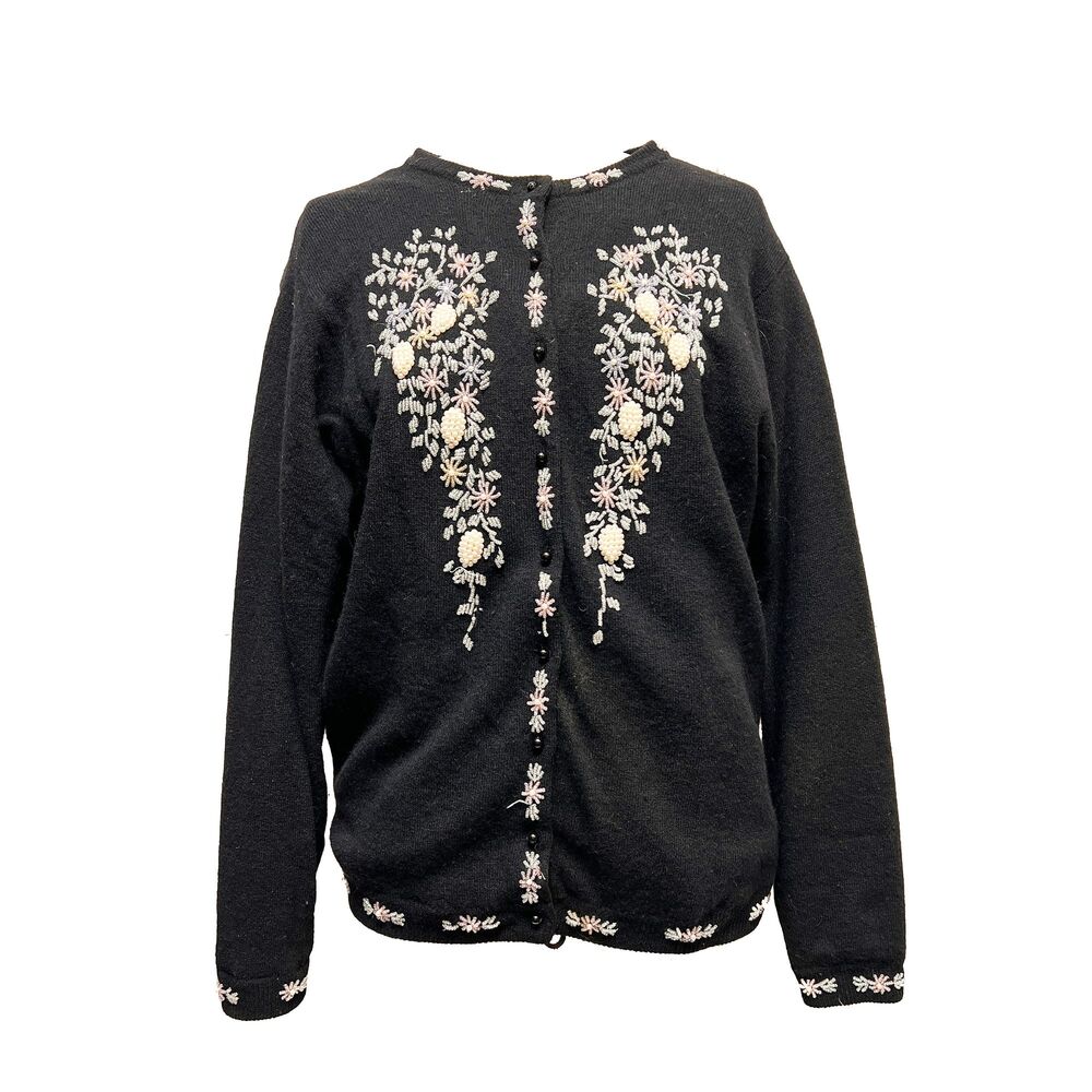Mid-Century Fidelio Lambswool & Angora Blend, Black Beaded Cardigan